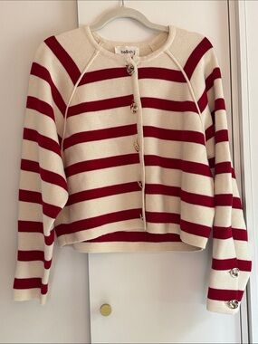 ba&sh Cream & Red Striped Button Cardigan with Gold Buttons
